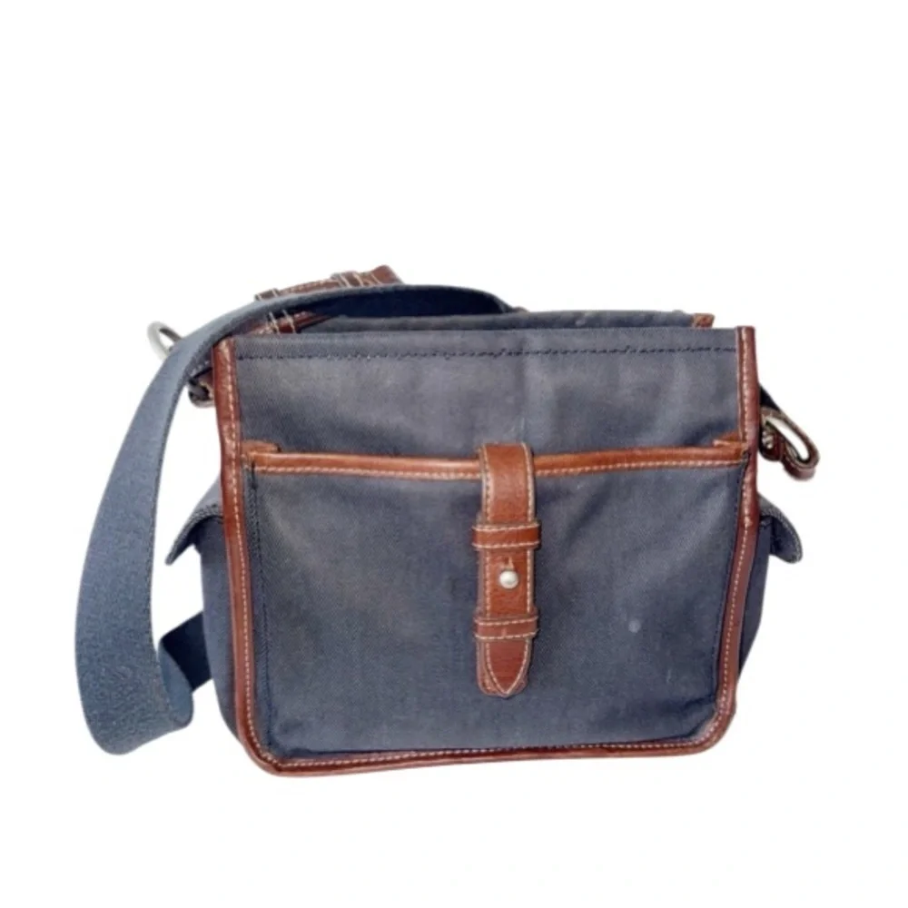 Fossil Vintage Y2K Crossbody Bag Charcoal Gray Canvas & Brown Leather Handbag